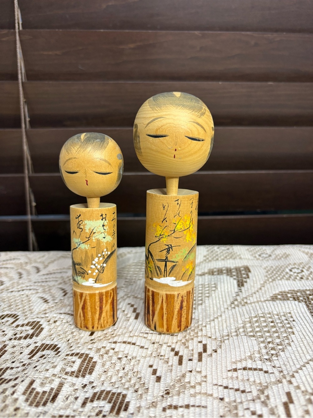 Hand-Painted-Japan-Wooden Kokeshi Dolls - Set of 2 in Natural Wood Tones